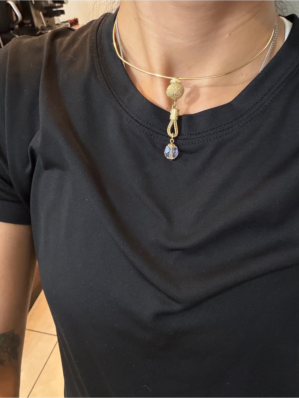 Gold Tone Choker Necklace with Iridescent Crystal Drop